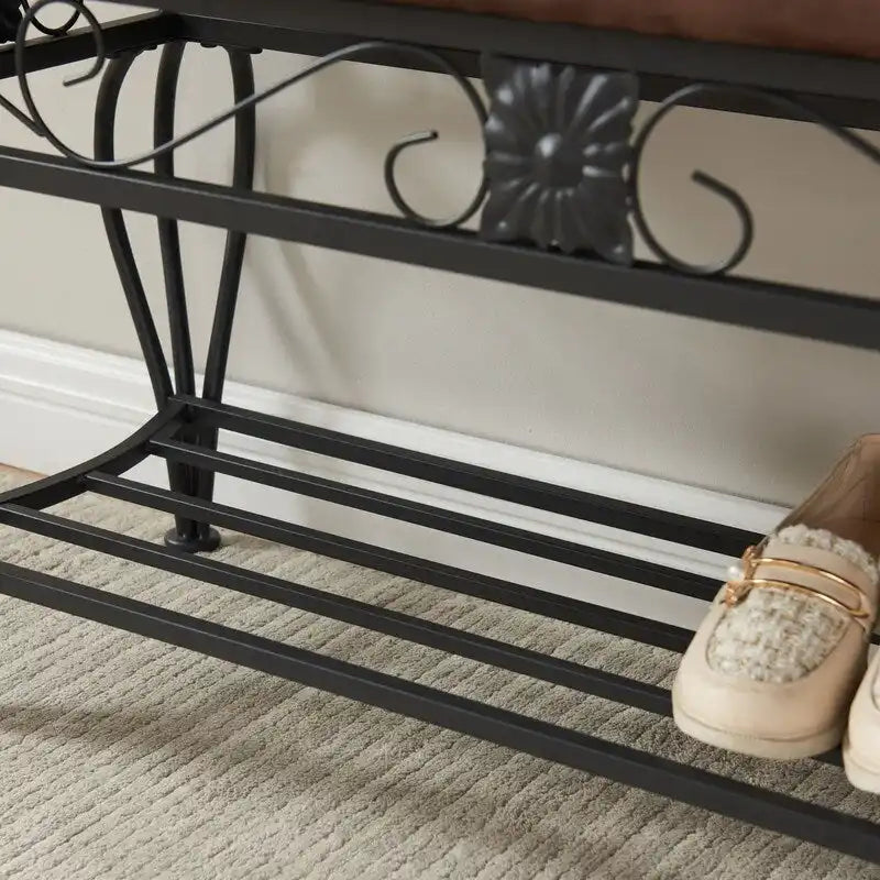 Banc à chaussures Mieres, Meuble à chaussures à 2 niveaux pour entrée, Organisateur de rangement avec siège rembourré, Banc de rangement à chaussures ouvert de 100 cm