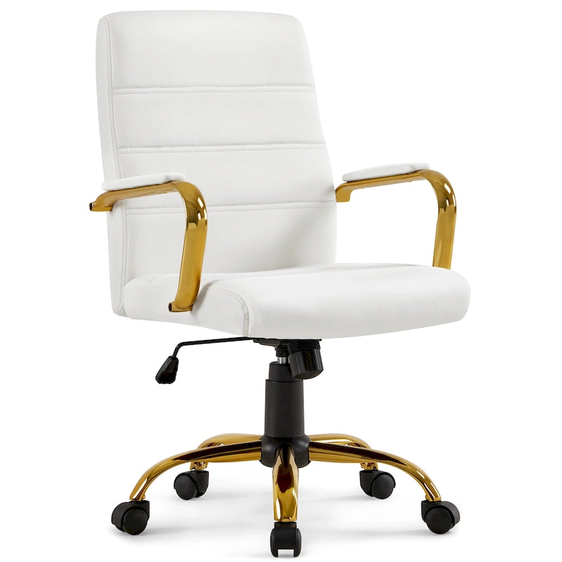 Chaise de bureau blanche mi-hauteur avec structure dorée, cuir synthétique, 1 personne