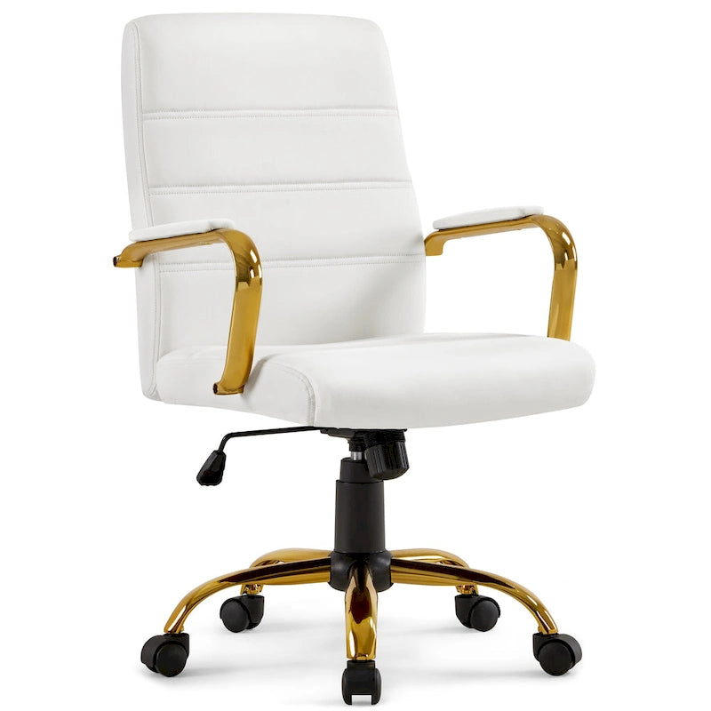 Chaise de bureau blanche mi-hauteur avec structure dorée, cuir synthétique, 1 personne