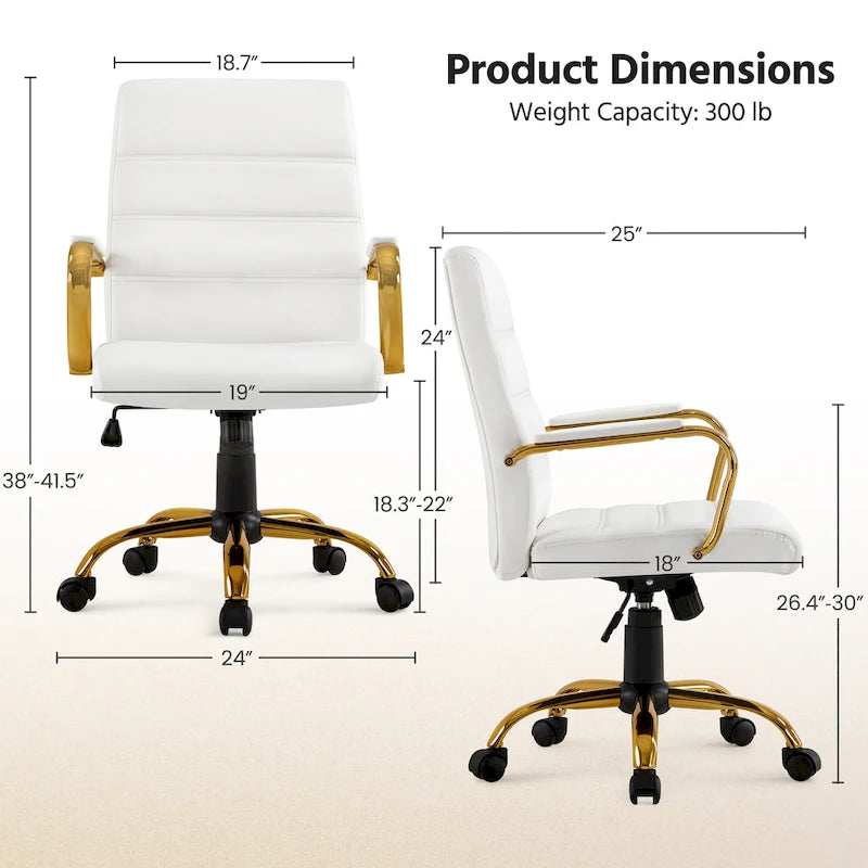 Chaise de bureau blanche mi-hauteur avec structure dorée, cuir synthétique, 1 personne
