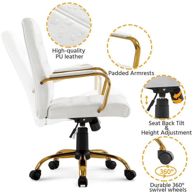 Chaise de bureau blanche mi-hauteur avec structure dorée, cuir synthétique, 1 personne