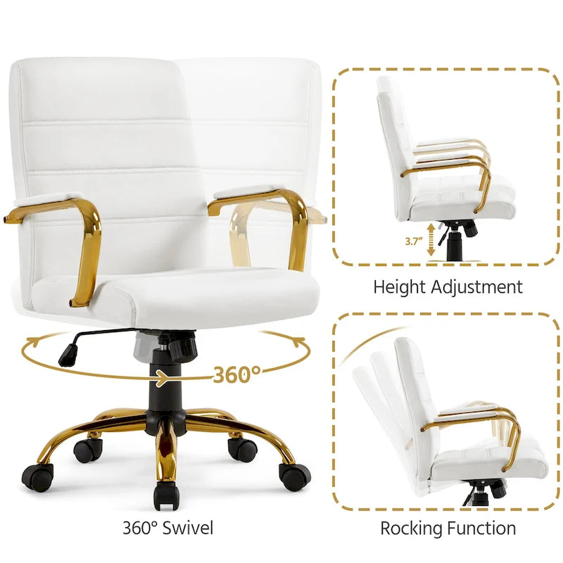 Chaise de bureau blanche mi-hauteur avec structure dorée, cuir synthétique, 1 personne