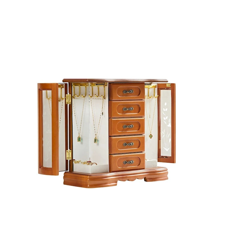 Boîte à bijoux en bois marron/blanc avec 5 tiroirs, miroir et crochet pour collier – 1 personne