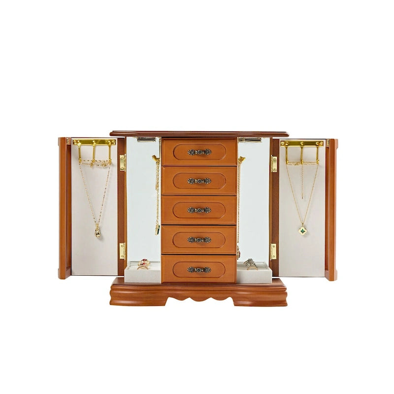 Boîte à bijoux en bois marron/blanc avec 5 tiroirs, miroir et crochet pour collier – 1 personne