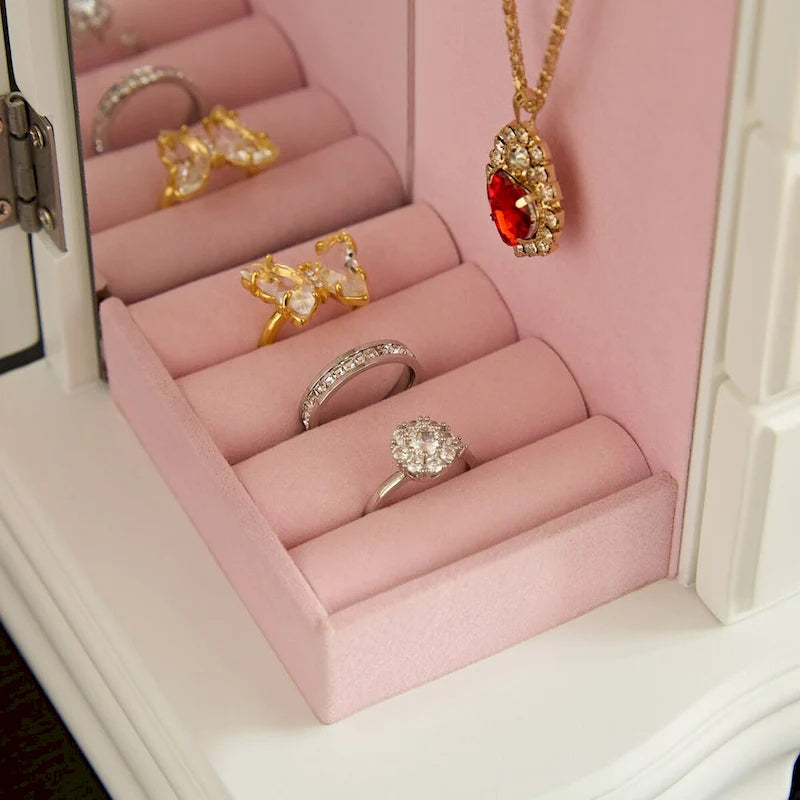 Boîte à bijoux en bois marron/blanc avec 5 tiroirs, miroir et crochet pour collier – 1 personne