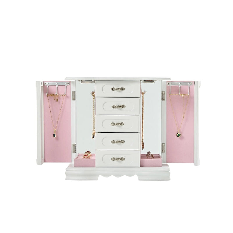 Boîte à bijoux en bois marron/blanc avec 5 tiroirs, miroir et crochet pour collier – 1 personne