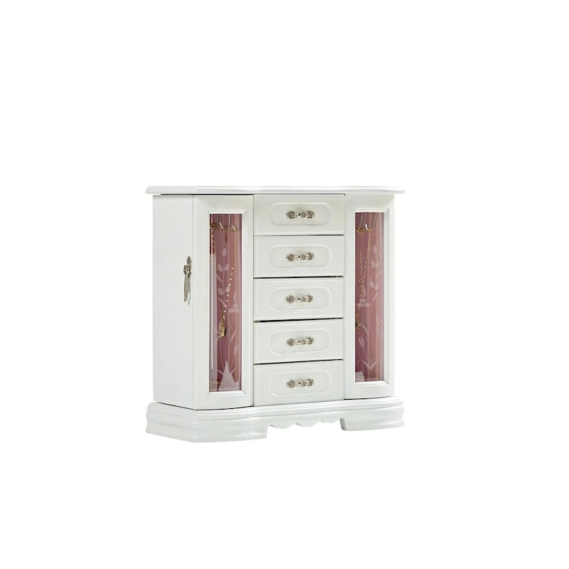Boîte à bijoux en bois marron/blanc avec 5 tiroirs, miroir et crochet pour collier – 1 personne