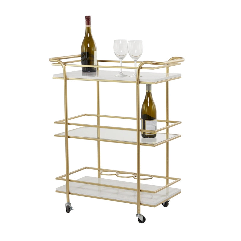 Dessertes de bar à roulettes en marbre, 1 étagère en verre et 2 étagères en marbre avec poignées - Or - Roche River Decor
