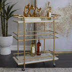 Dessertes de bar à roulettes en marbre, 1 étagère en verre et 2 étagères en marbre avec poignées - Or - Roche River Decor
