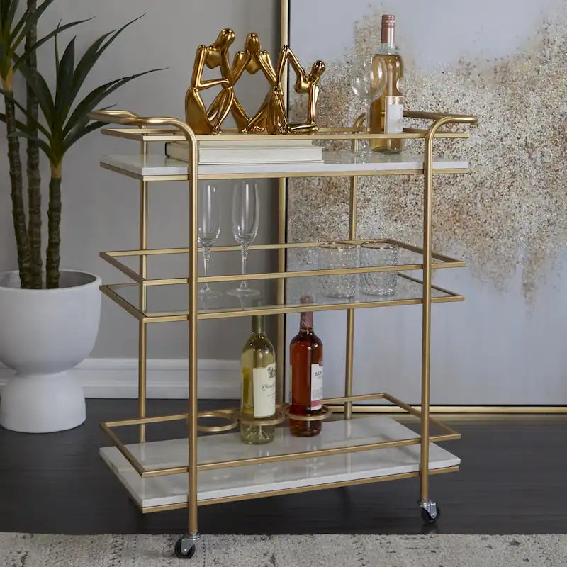 Dessertes de bar à roulettes en marbre, 1 étagère en verre et 2 étagères en marbre avec poignées - Or - Roche River Decor