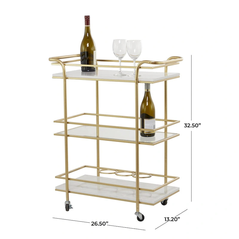 Dessertes de bar à roulettes en marbre, 1 étagère en verre et 2 étagères en marbre avec poignées - Or - Roche River Decor