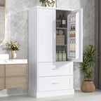 Meuble haut de rangement de salle de bain, meuble avec deux portes et tiroirs, étagère réglable, panneau MDF, blanc