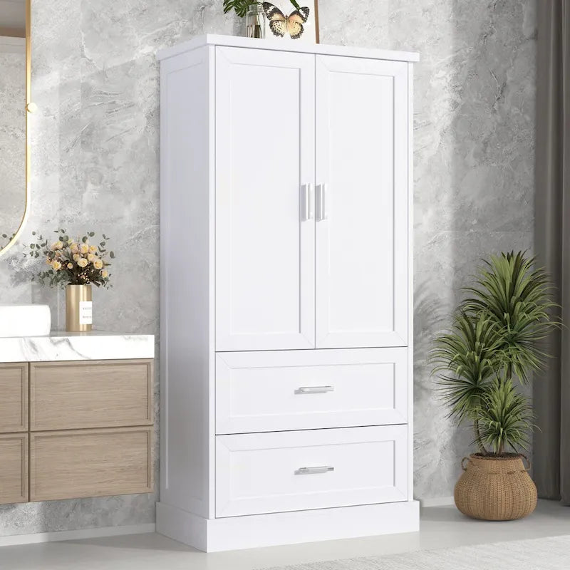 Meuble haut de rangement de salle de bain, meuble avec deux portes et tiroirs, étagère réglable, panneau MDF, blanc