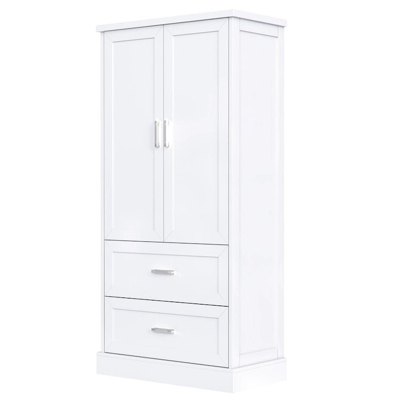 Meuble haut de rangement de salle de bain, meuble avec deux portes et tiroirs, étagère réglable, panneau MDF, blanc