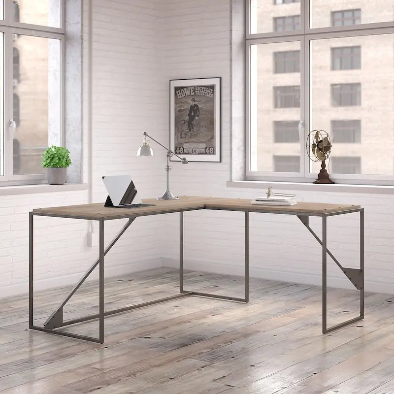 Bureau industriel en L, gris/blanc, 2 personnes
