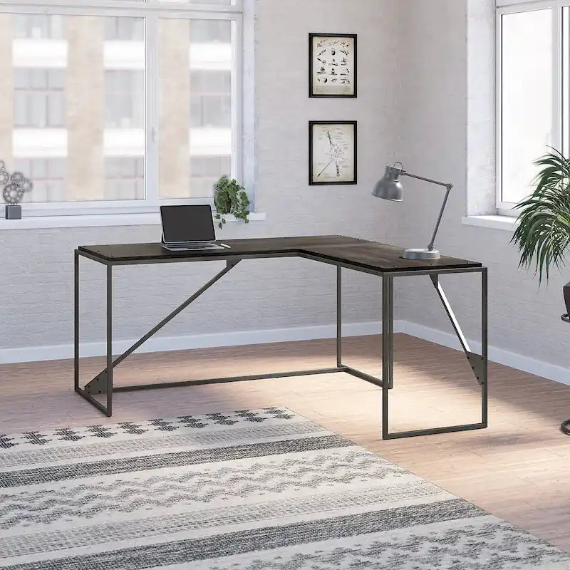 Bureau industriel en L, gris/blanc, 2 personnes