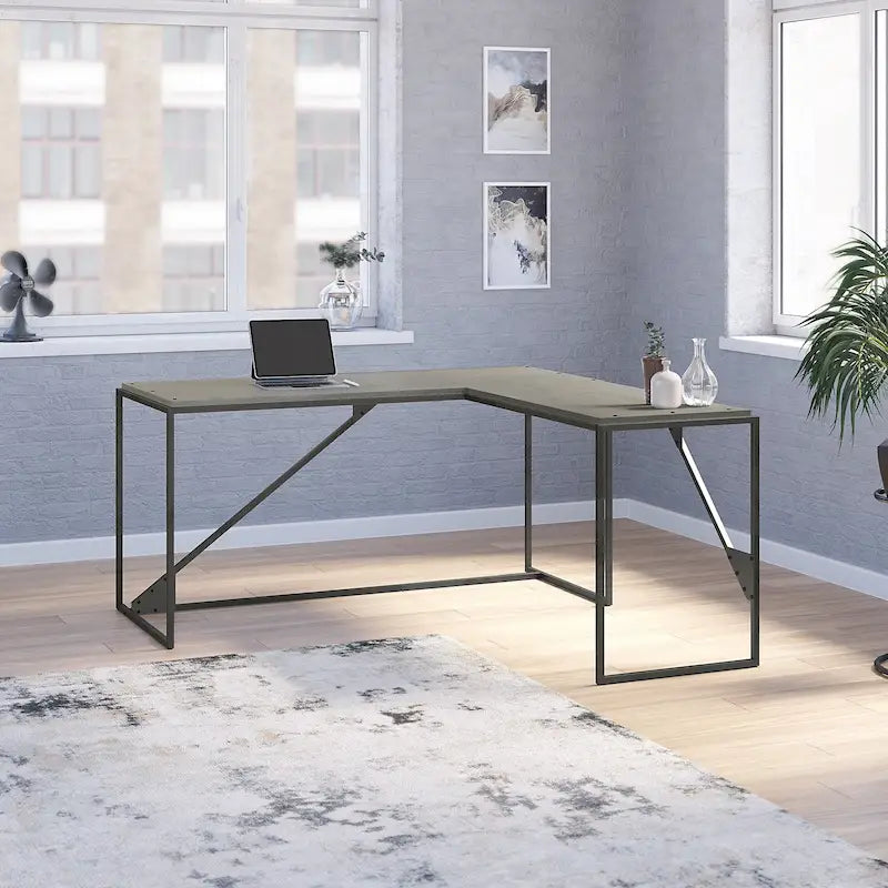 Bureau industriel en L, gris/blanc, 2 personnes