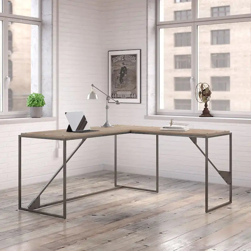 Bureau industriel en L, gris/blanc, 2 personnes
